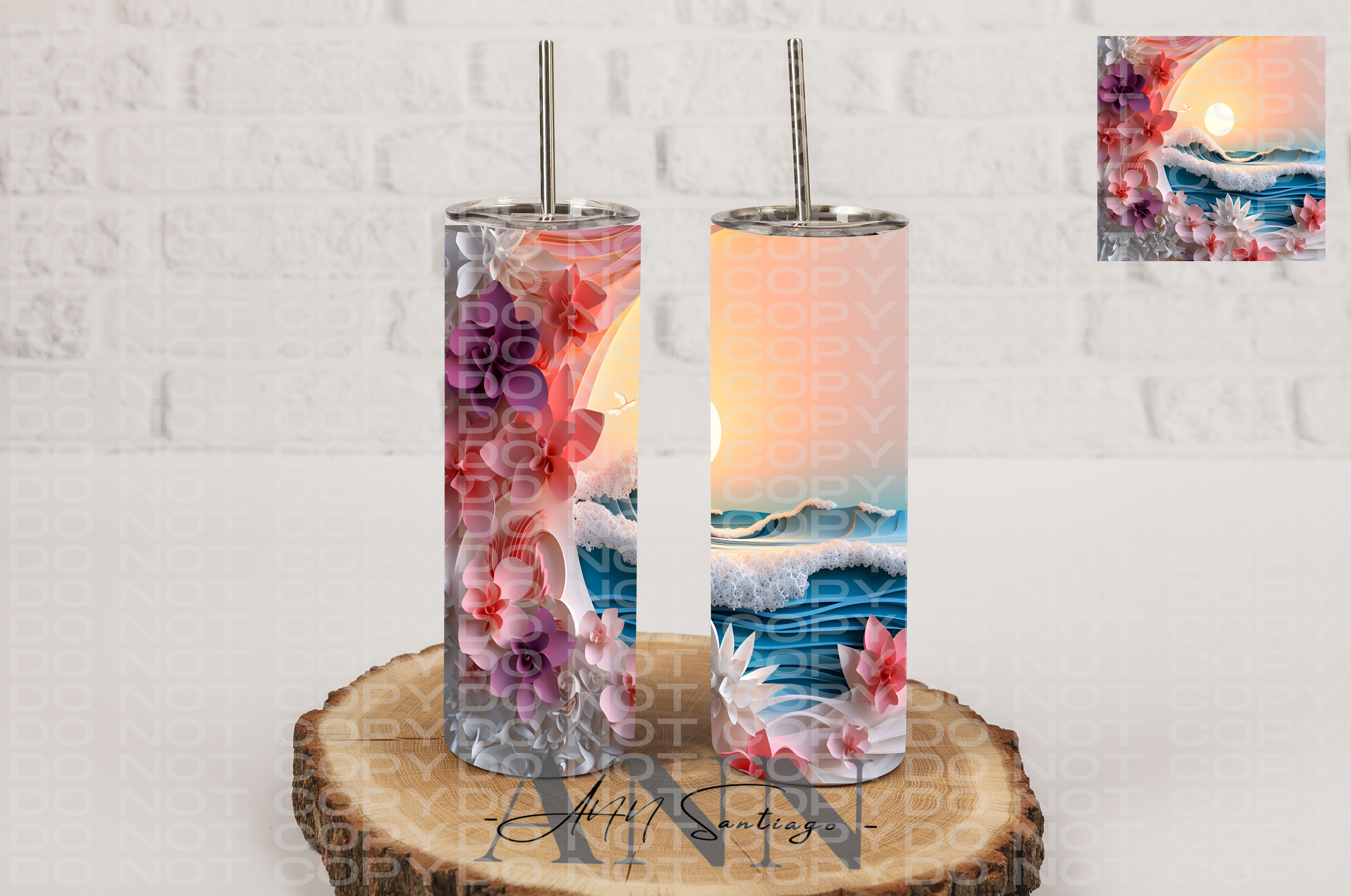 3D Flowers and Ocean Wave 20oz Skinny Tumbler