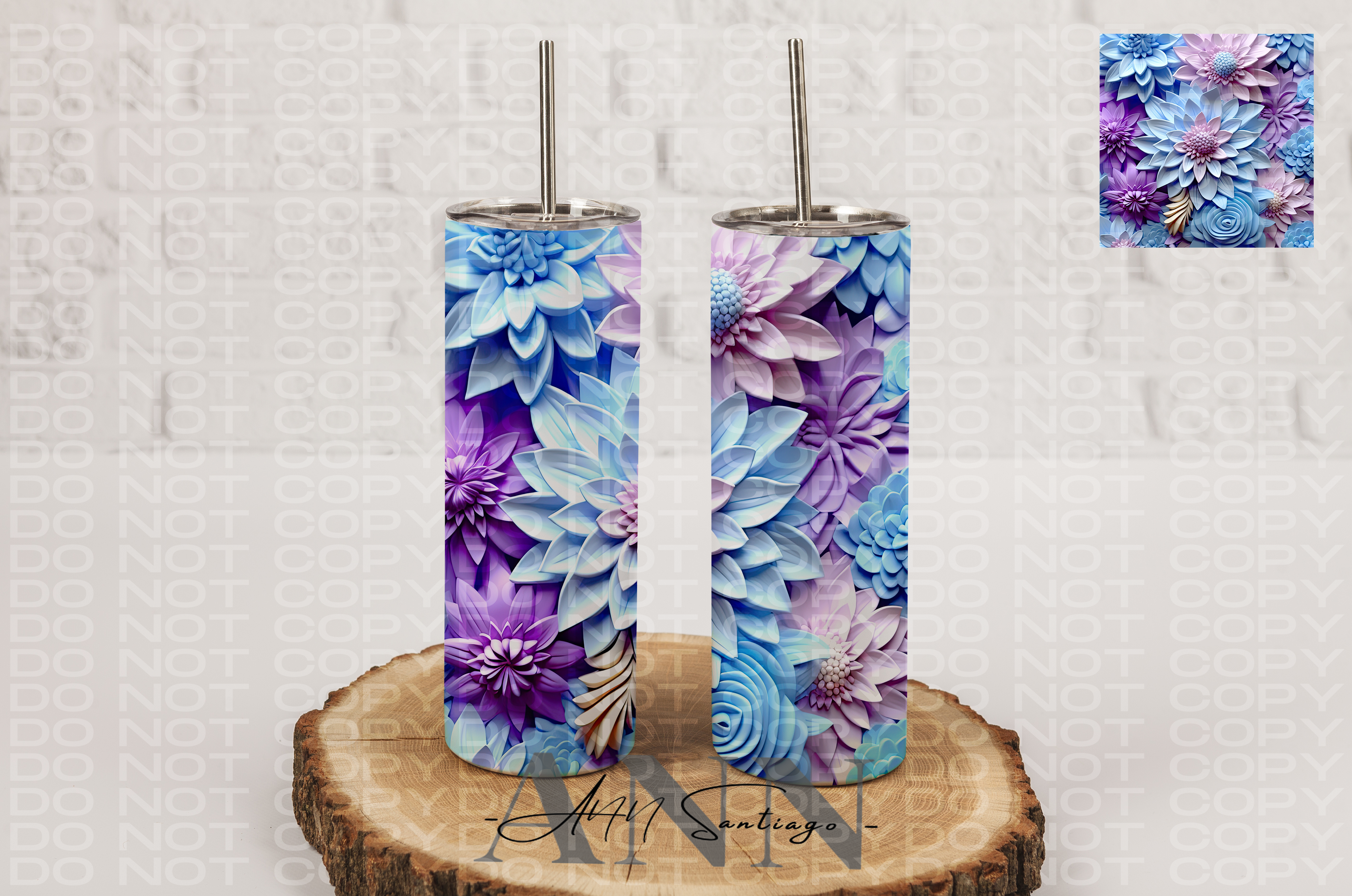 3D Light Blue, Purple and pink flowers 20oz Skinny Tumbler