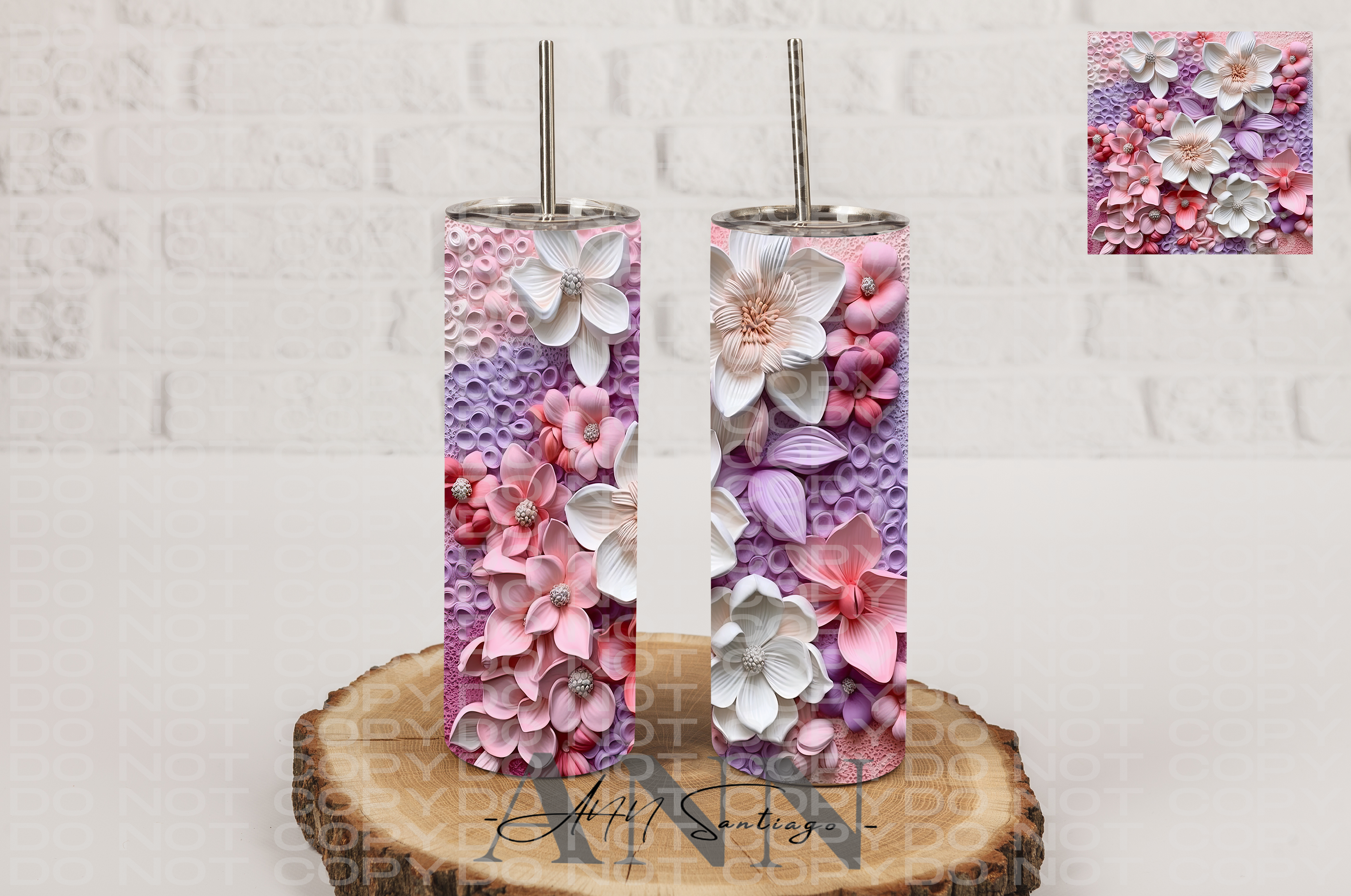 3D Light Purple, Ivory, and pink flowers 20oz Skinny Tumbler